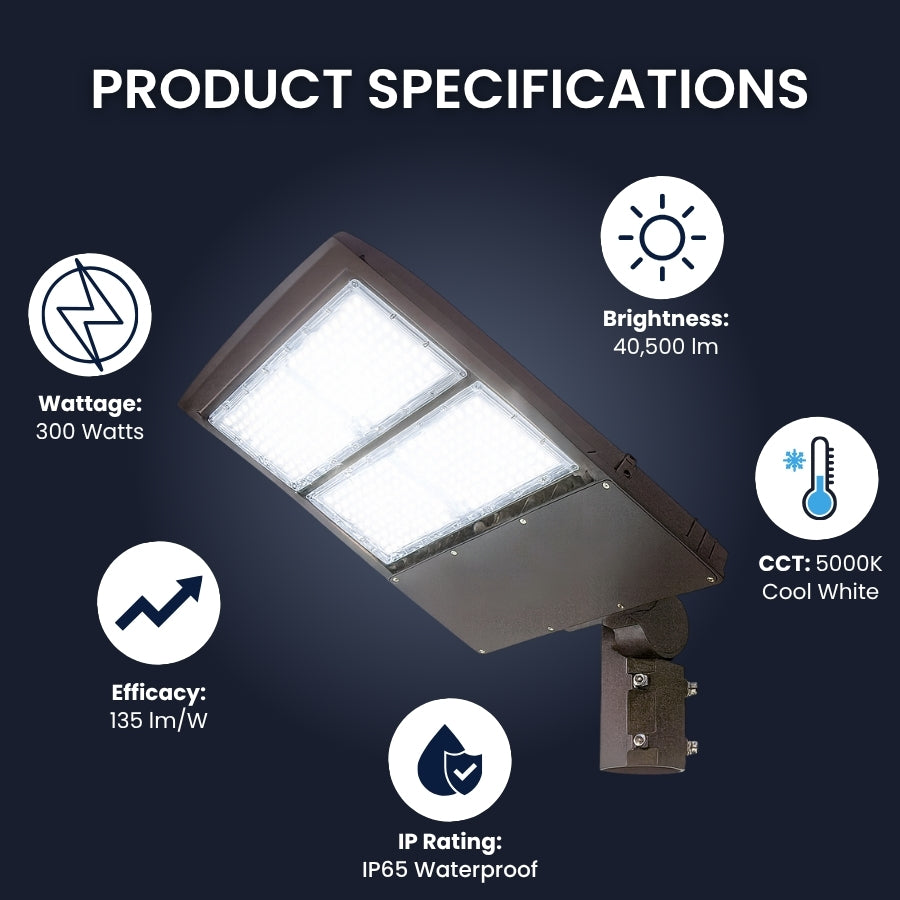 LED flood light with specifications on a dark background