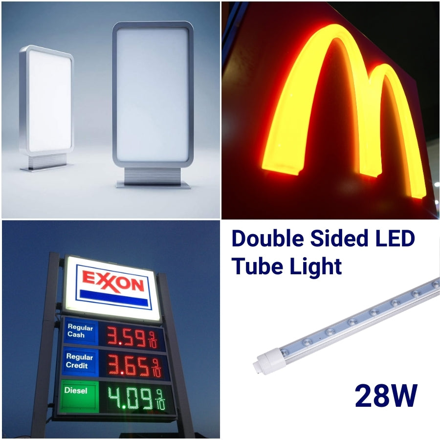 Collage of LED signs including a McDonald's logo, Exxon gas station sign, and 28W LED tube light.