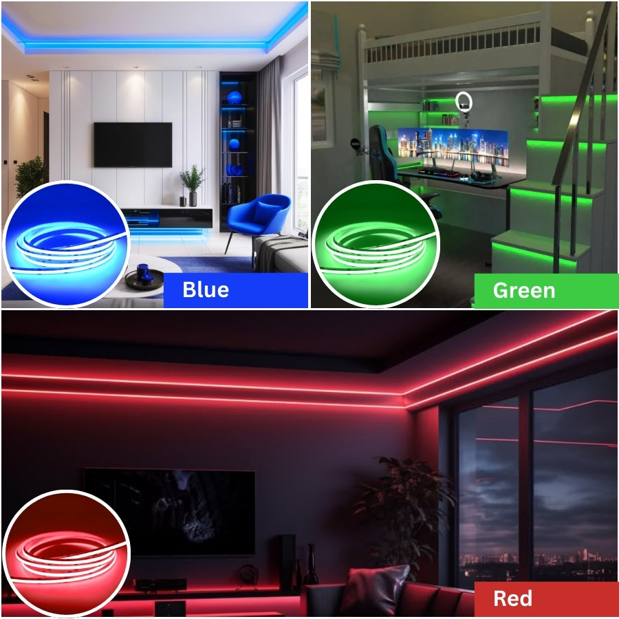 Collage of rooms with blue, green, and red LED strip lights.