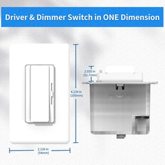 Dimensions of a driver and dimmer switch on a textured gray background