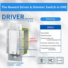 Driver and dimmer switch with specifications on a gray background
