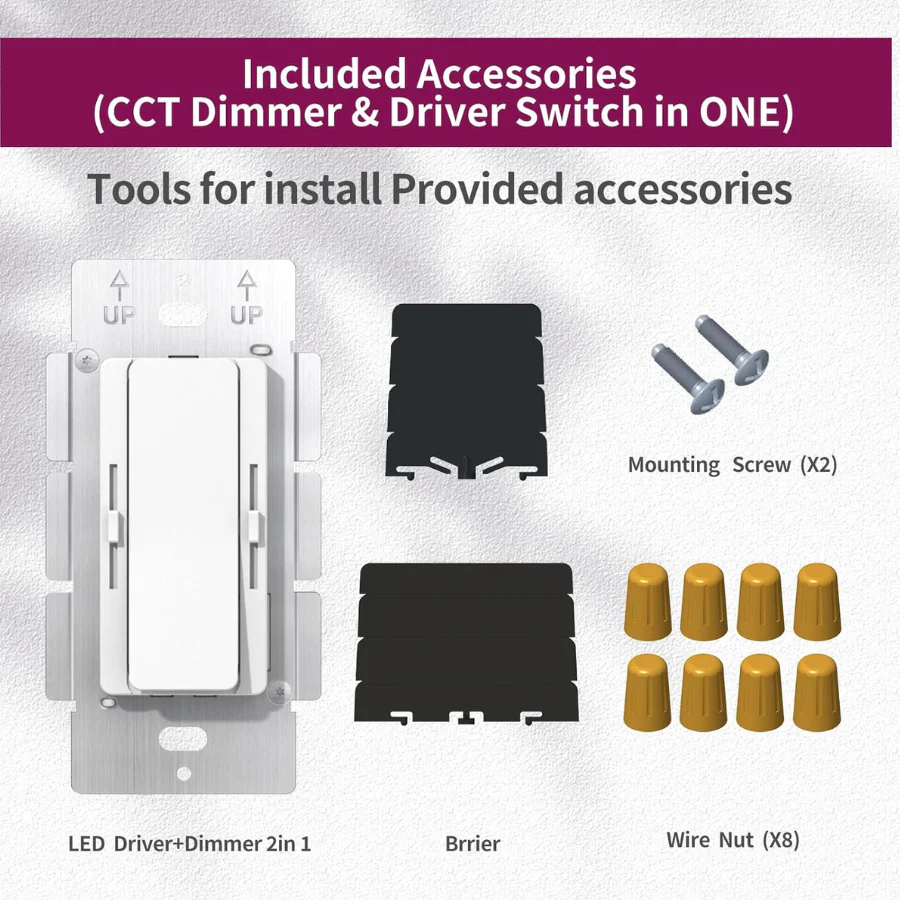 Set of included accessories for a LED driver and dimmer switch on a gray background.