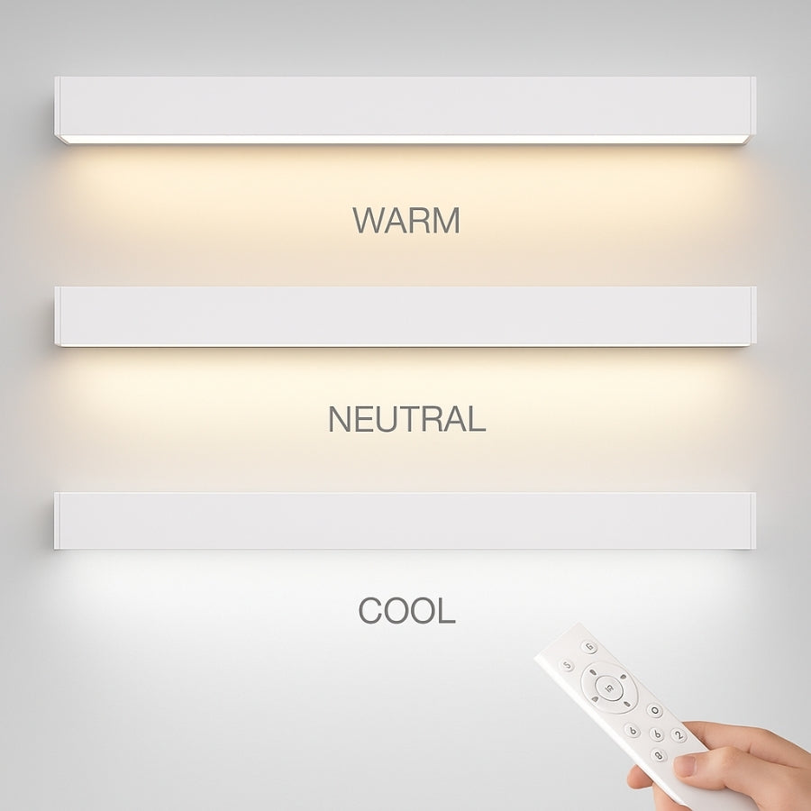direct indirect led linear light fixture​ containing remote
 with 'Warm', 'Neutral', and 'Cool' labels on a gray background.