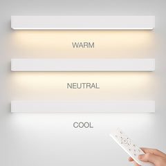 direct indirect led linear light fixture​ containing remote
 with 'Warm', 'Neutral', and 'Cool' labels on a gray background.
