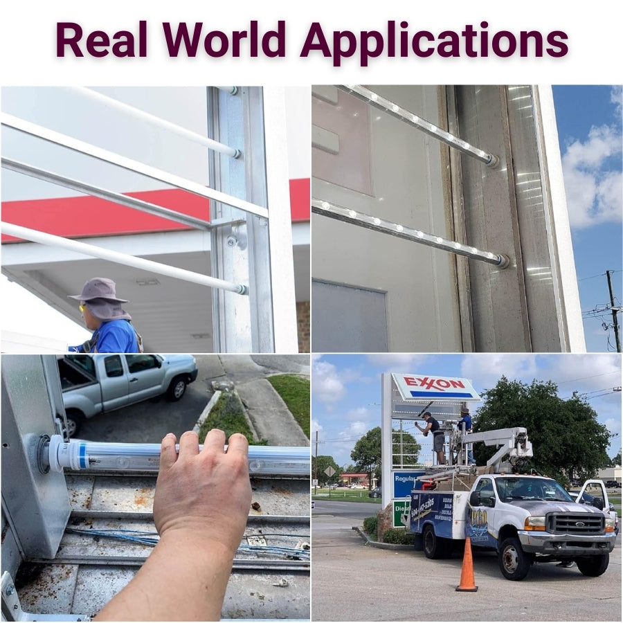 Collage of real-world applications including a person using a ladder, a truck with a ladder on top, and a gas station.