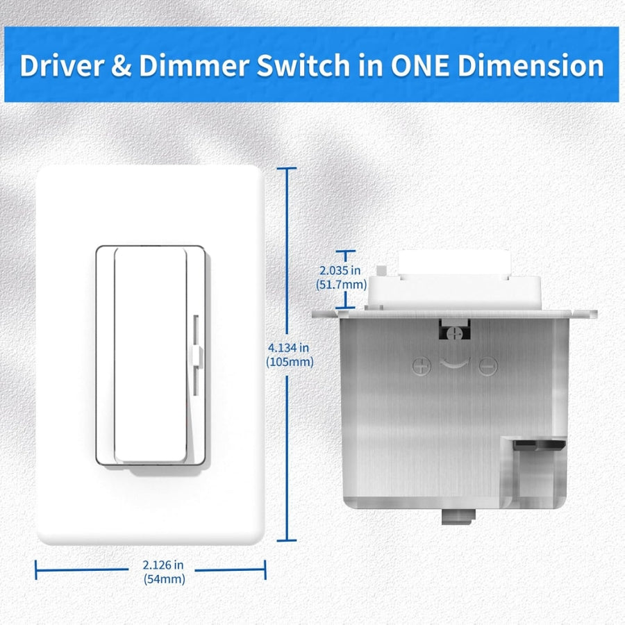 Measurement chart of a driver and dimmer switch with dimensions labeled.