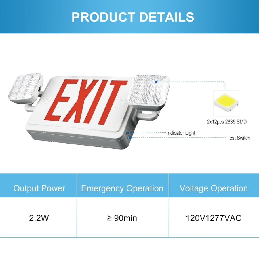 Exit sign with emergency operation details on a blue and white background