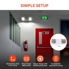 Fire safety equipment including a fire extinguisher, red fire exit door, and a small inset diagram on a white wall.