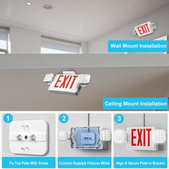 Exit sign with wall and ceiling mount installation instructions.