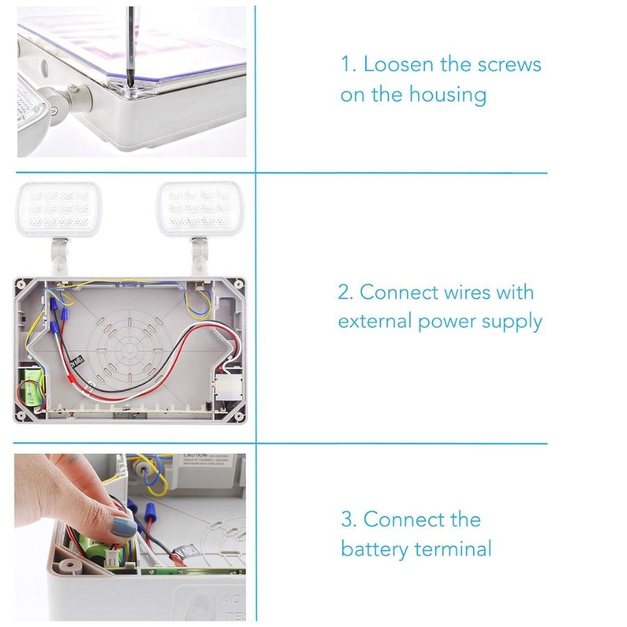 Step-by-step guide on how to connect a device with text instructions and images of screws, wires, and battery terminal.