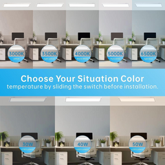 Office setting with computer desks and monitors, showing different color temperature options on a blue overlay.