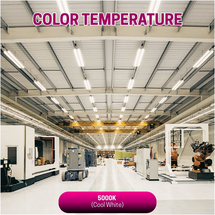 Industrial warehouse with lighting fixtures and text indicating color temperature.