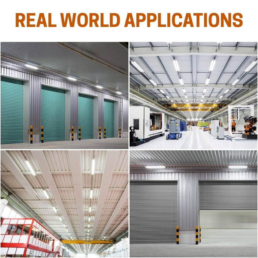 Collage of 3ft led tube light fixture in industrial warehouse interior with roller doors and ceiling lights.