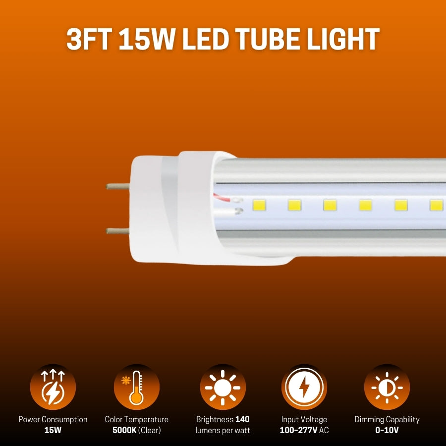 3FT 15W LED tube light on a brown background with specifications below.