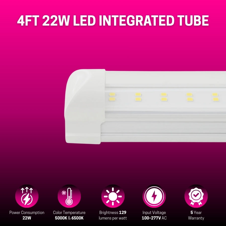 4FT 22W LED integrated tube light on a pink background with specifications displayed.