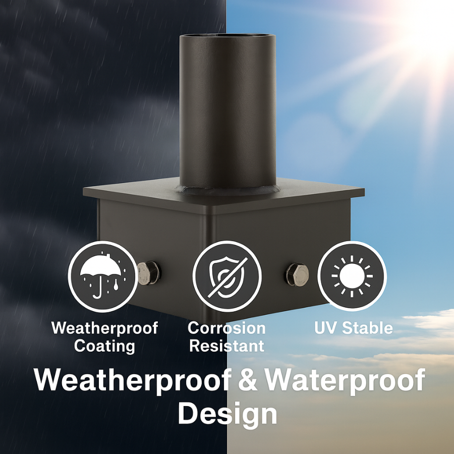 Black metal vent with weatherproof and waterproof design features against a background of rain and sun.