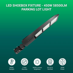 LED shoebox fixture with specifications on a green background at fliptoled