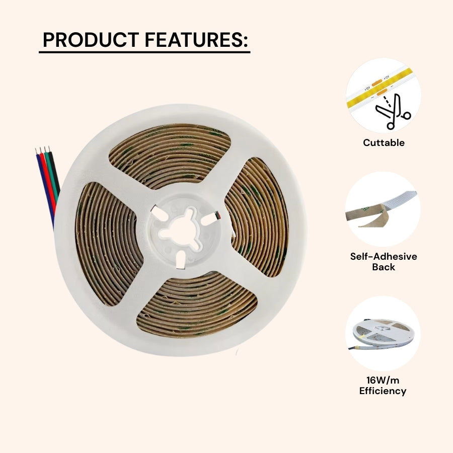 LED strip light with features listed on a beige background at fliptoled