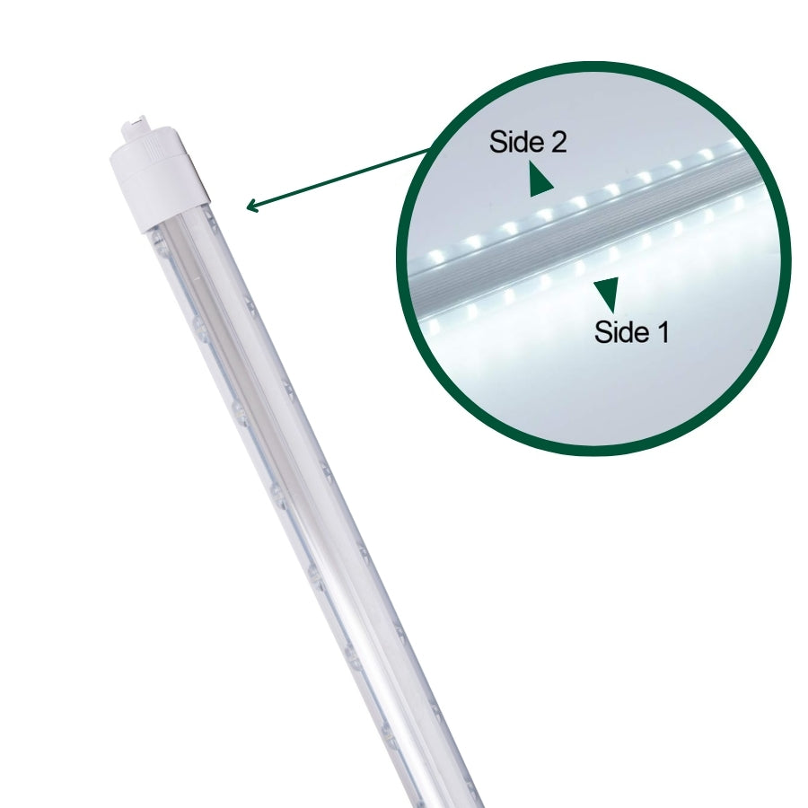 commercial led shop lights  with a close-up inset showing 'Side 1' and 'Side 2'.