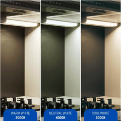 Comparison of light color temperature on led under cabinet light with 'Warm White', 'Neutral White', and 'Cool White' labels.