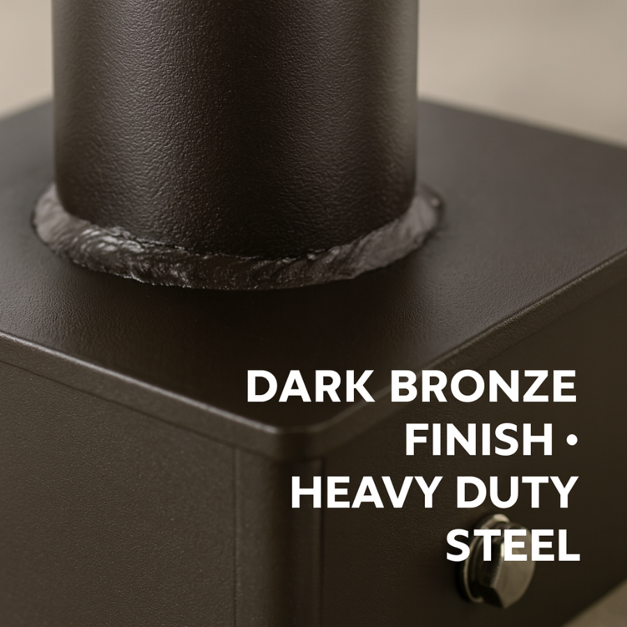 Dark bronze finish heavy duty steel product with text overlay