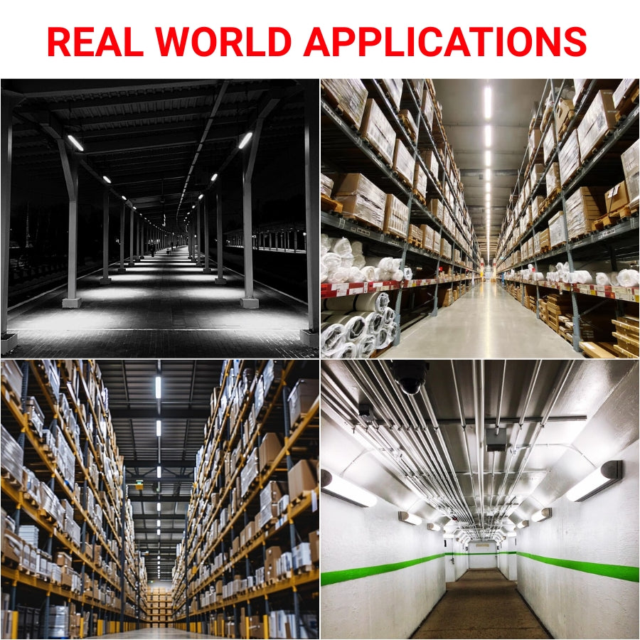 Collage of linear led light strip​ in warehouse interior scenes with text 'Real World Applications' at the top.
