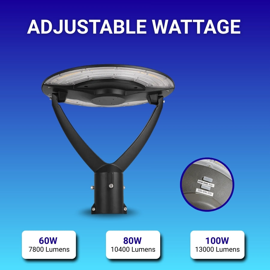 outdoor post light fixtures with adjustable wattage options on a blue background