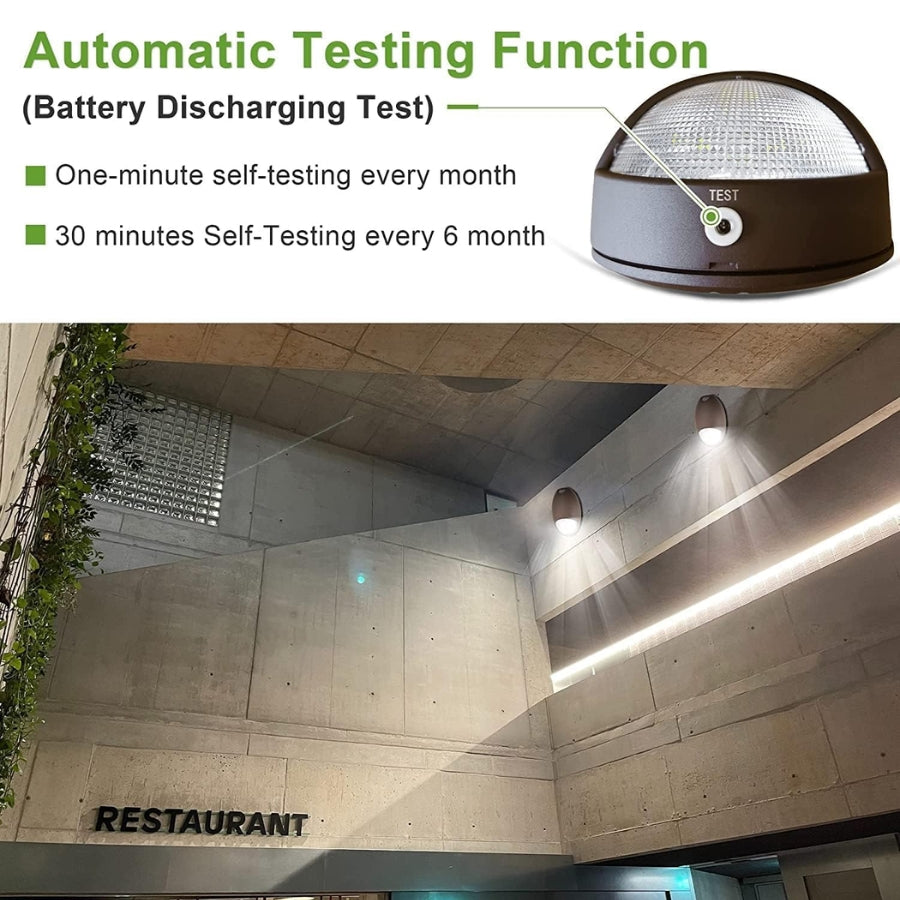 led outdoor wall pack lighting​ with battery discharging test information and a restaurant exterior.