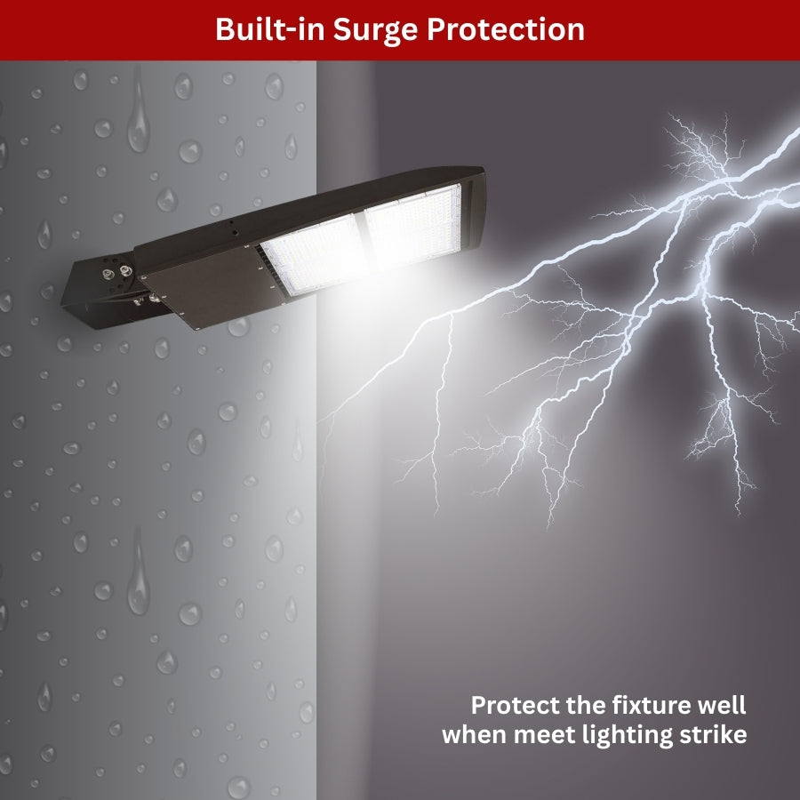 Outdoor light fixture with built-in surge protection against lightning, shown on a gray background with raindrops. LED shoebox light fixture at fliptoled 