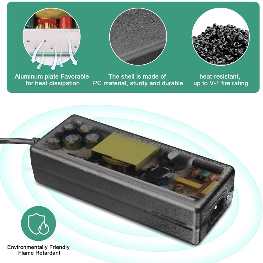 24v power supply with text on material properties and certifications