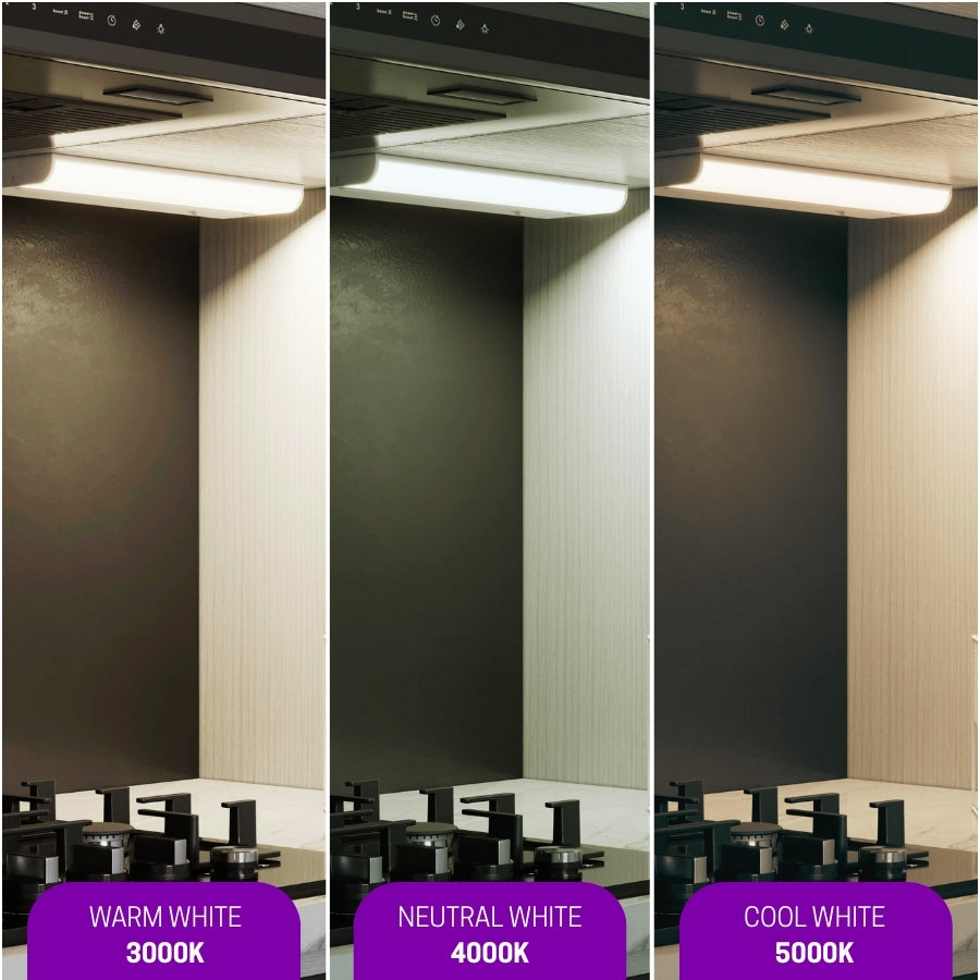 Comparison of light color temperatures on a wall with three different lighting conditions. under cabinet lights