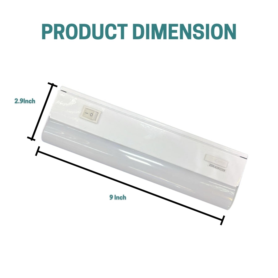 Measurement chart showing dimensions of under cabinet lights led​ with clear plastic packaging.