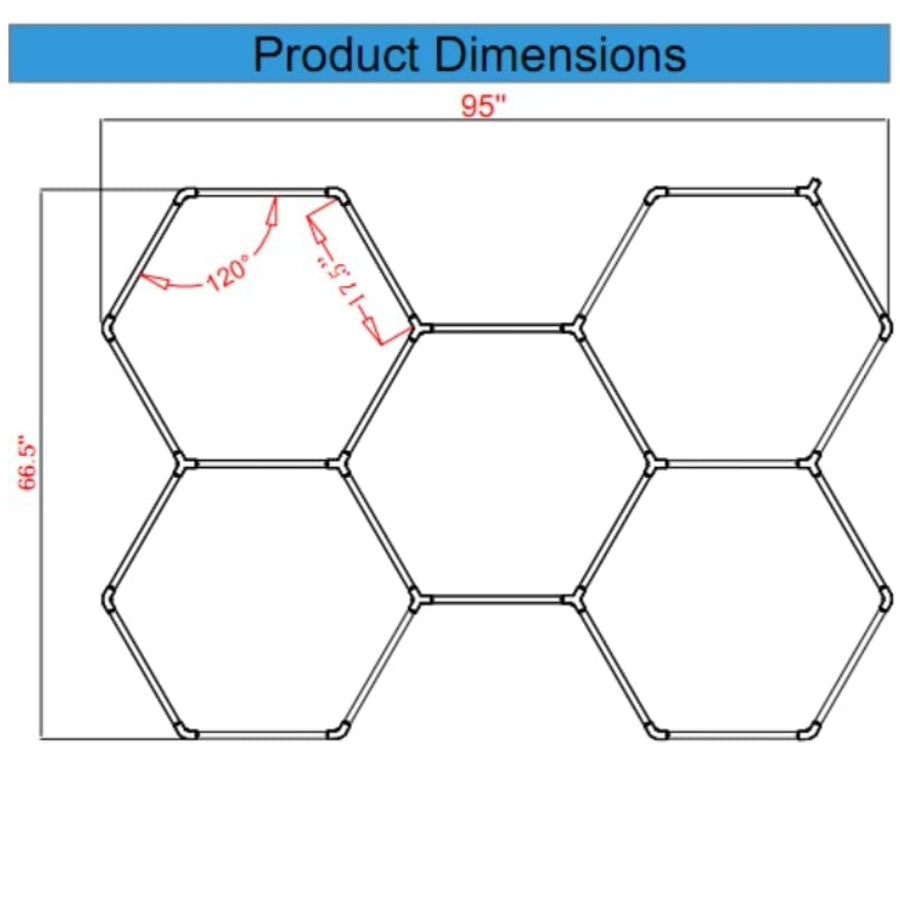 Geometric design with measurements labeled on a white background, garage ceiling with hexagon lights
