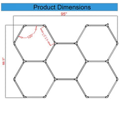 Geometric design with measurements labeled on a white background, garage ceiling with hexagon lights