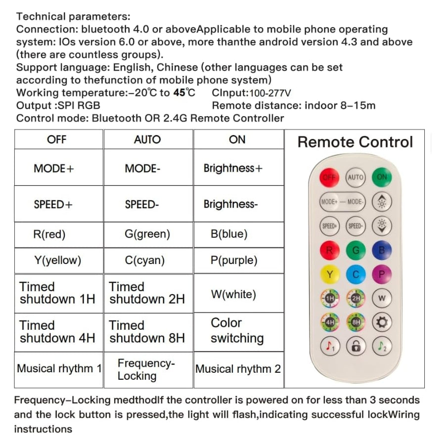 Technical specifications and remote control layout for a lighting system.