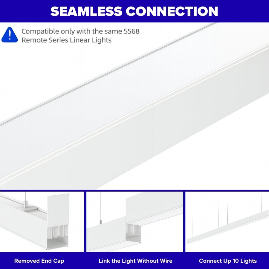 Seamless connection of linear lights with text indicating compatibility and installation steps.
