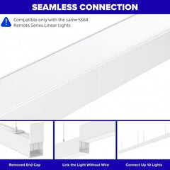 Seamless connection of linear lights with text indicating compatibility and installation steps.