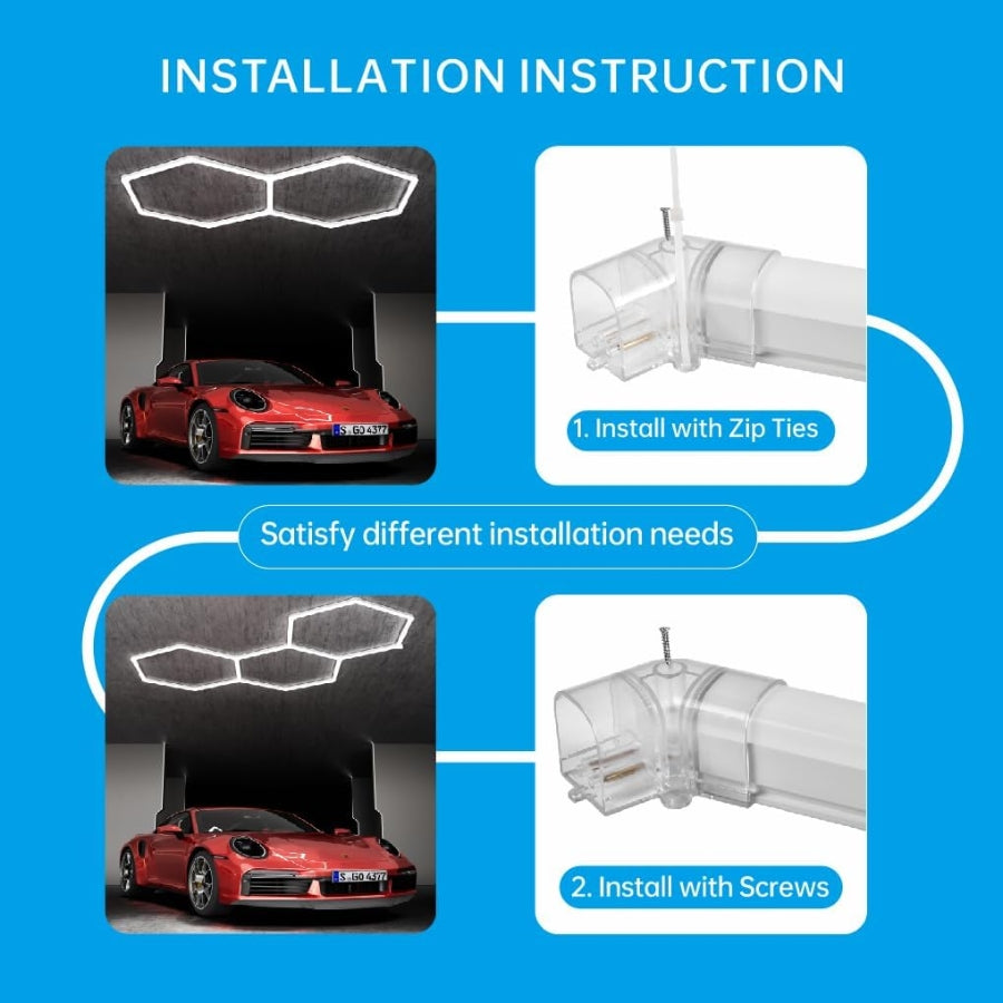 Installation instructions for car LED lights with visual examples and text on a blue background.