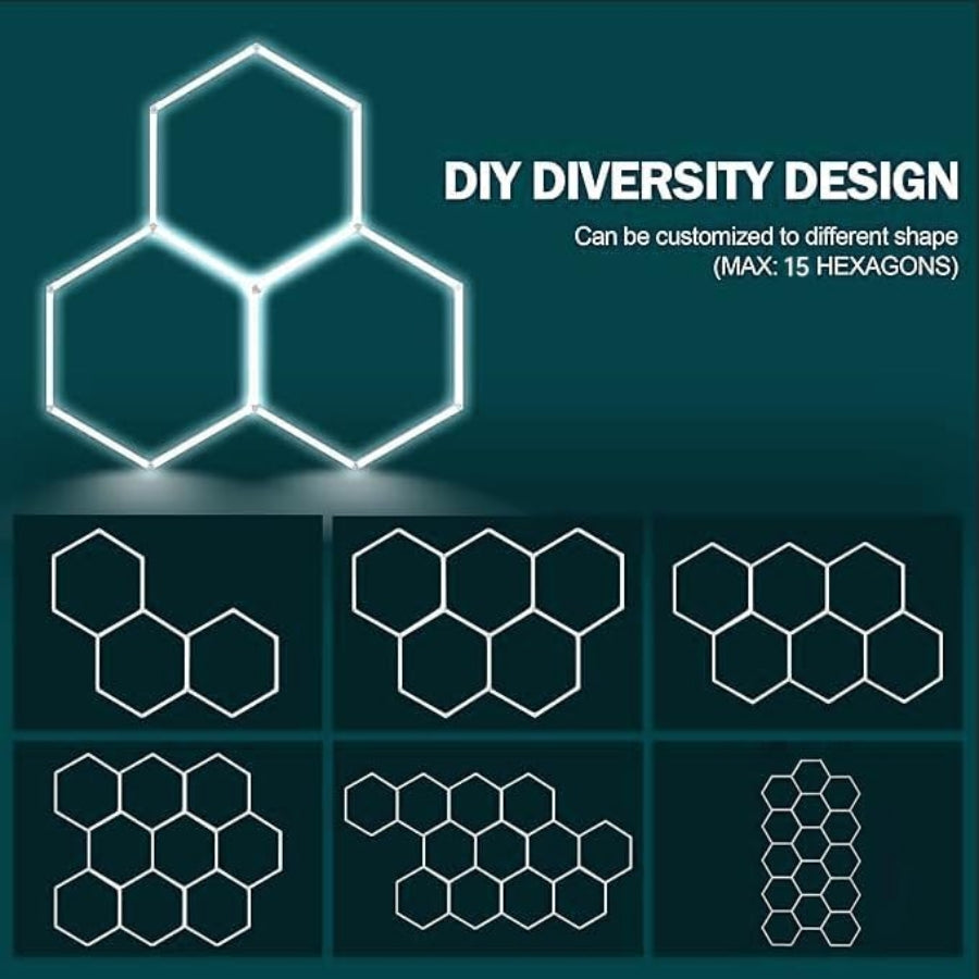 Hexagonal design elements with 'DIY Diversity Design' text on a dark green background, hex led lights garage​

