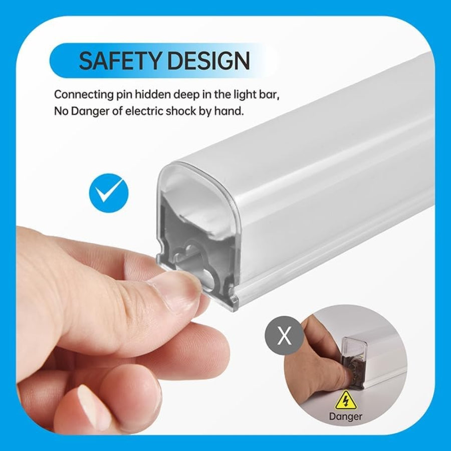 Safety design feature of a light bar with a hand demonstrating the connection pin, on a blue background. hex lights for garage​