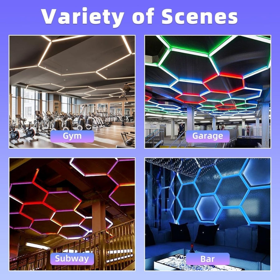 Collage of different indoor settings with hexagonal ceiling lights labeled as Gym, Garage, Subway, and Bar. hexagon led ceiling light garage​
