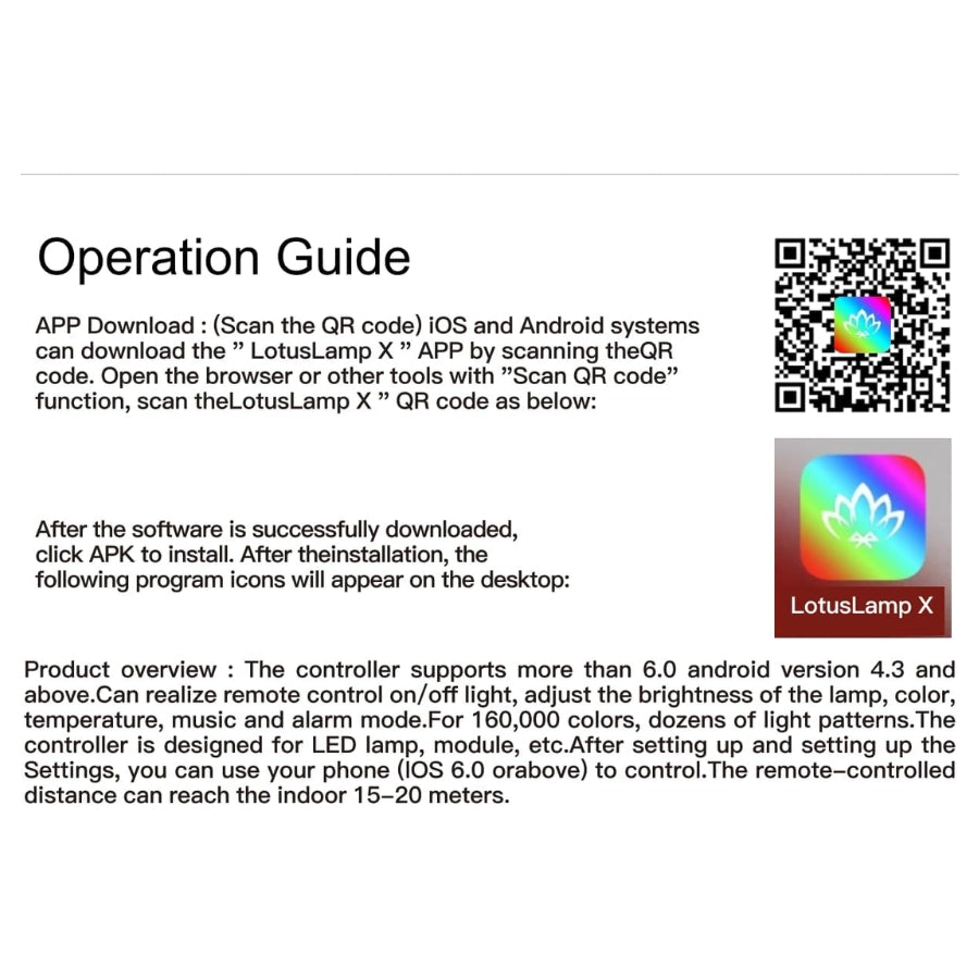 Operation guide for LotusLamp X app with QR code and app icon on a white background