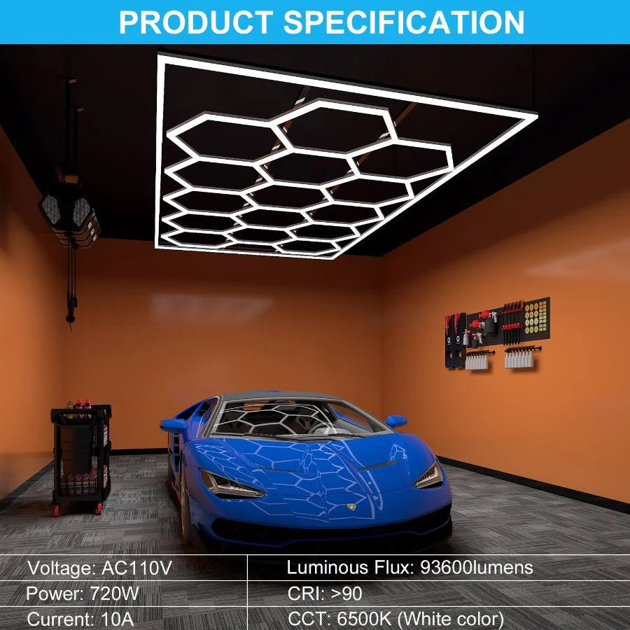 Ceiling light fixture with a blue car in a showroom setting, honeycomb garage lighting​ a fliptoled 