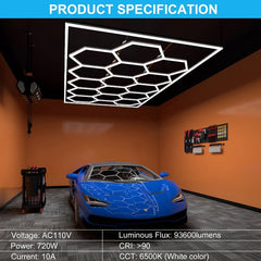 Ceiling light fixture with a blue car in a showroom setting, honeycomb garage lighting​ a fliptoled 