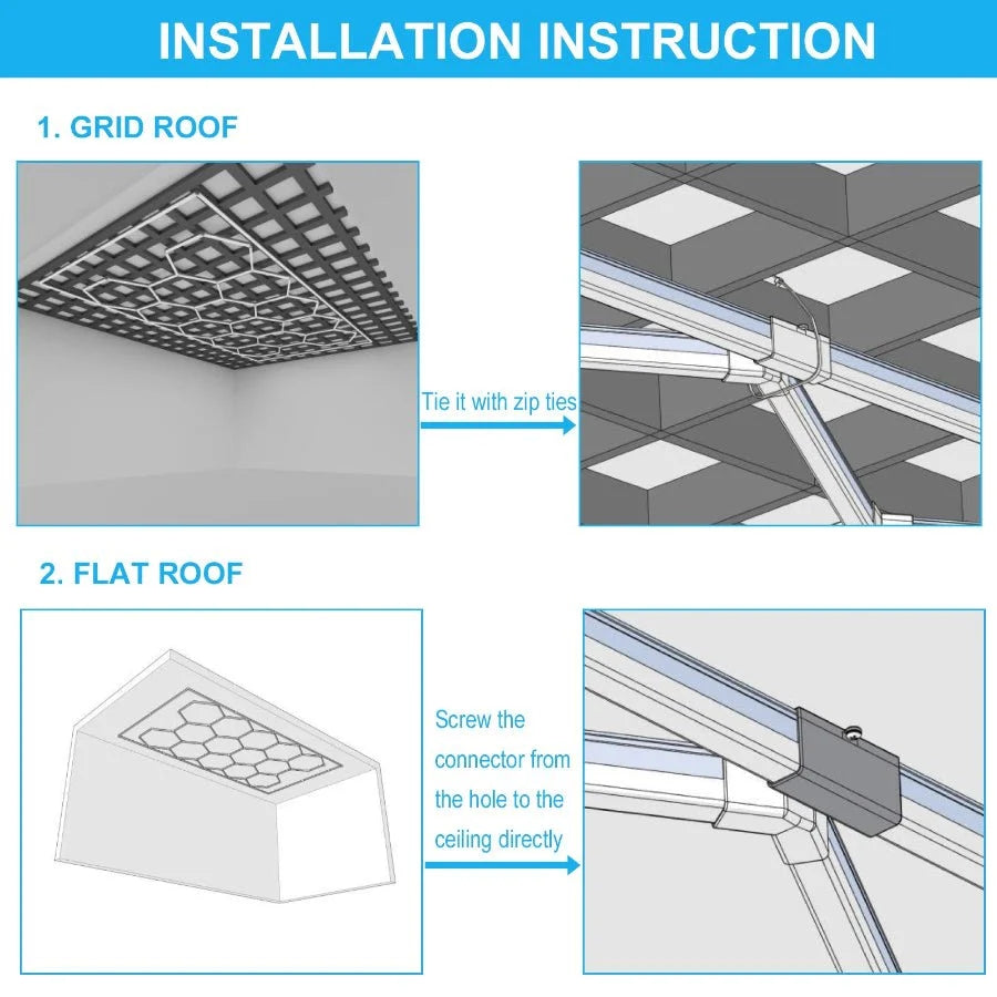 Installation instructions for grid and flat roofs with diagrams and text. honeycomb led garage lights​