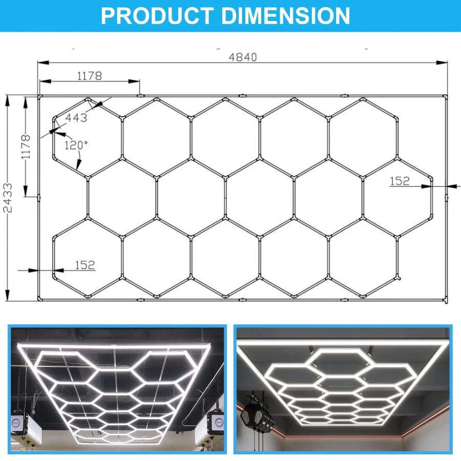 Hexagonal grid structure with dimensions and two application examples on a blue background, honeycomb lighting garage​