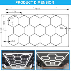 Hexagonal grid structure with dimensions and two application examples on a blue background, honeycomb lighting garage​