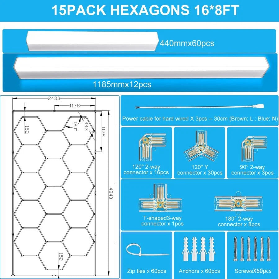 Hexagonal grid system packaging with dimensions, connectors, and accessories on a blue background. honeycomb lights for garage