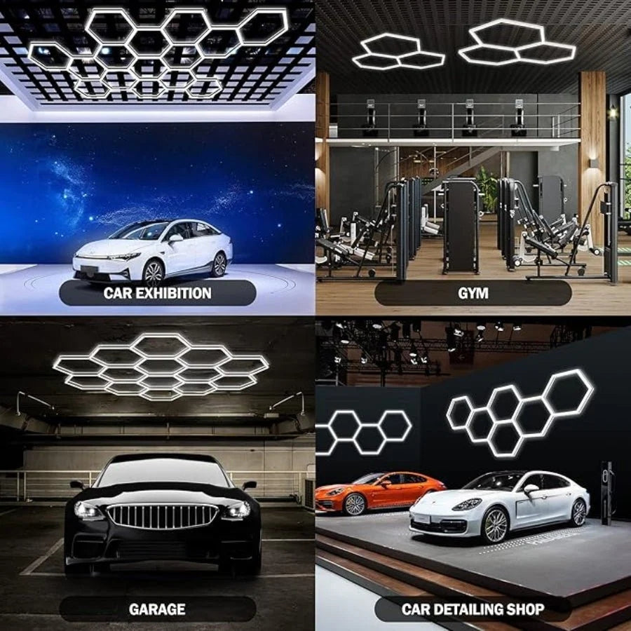 Collage of different settings with cars and gym equipment, featuring hexagonal light fixtures. honeycomb lights garage