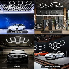 Collage of different settings with cars and gym equipment, featuring hexagonal light fixtures. honeycomb lights garage